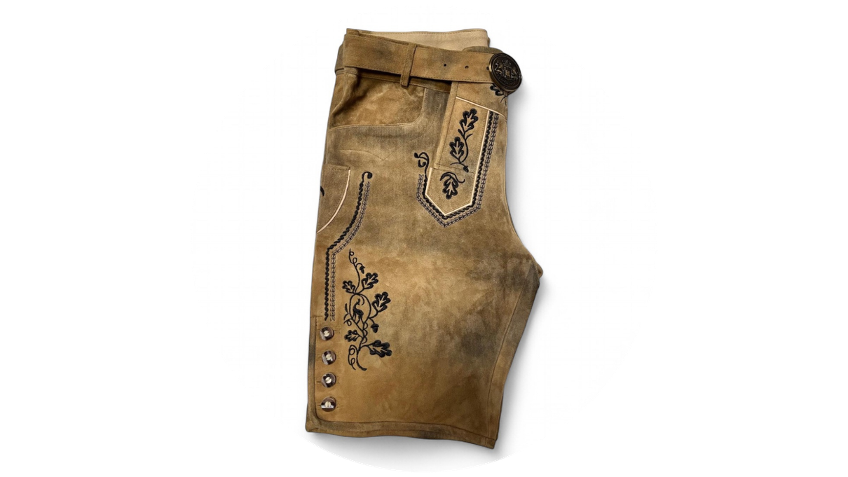 bermuda tipica alema camel estonado de couro com cinto